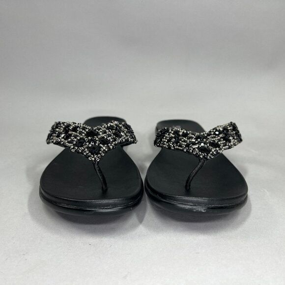 Kenneth Cole Glam-Athon Sandals Women's Size 9.5 Black Leather Beaded Flip Flops - Picture 2 of 8